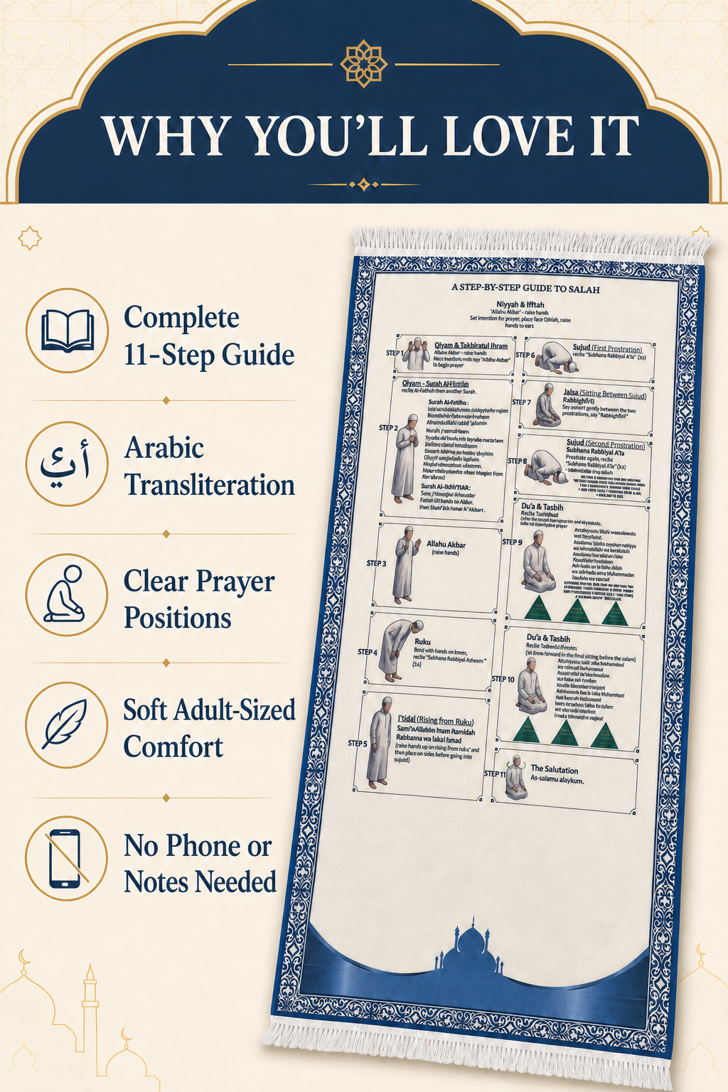 Adult step-by-step Salah prayer rug featuring an 11-step guide, Arabic transliteration, clear prayer positions, and guidance without a phone or notes.